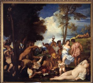 Aankomst van Bacchus op het eiland Andros (Baccanale degli Andrii). Beeld van feest van saters en bacchanten ter ere van de god Bacchus (Bacchanaal). Schilderij door Tiziano Vecellio genaamd de Titiaan (1485-1576), v