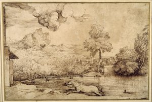 Landschap: een ruiterloos paard achtervolgd door een slang door Titian (c.1488 1576)