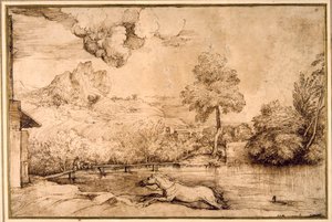 Landschap: een ruiterloos paard achtervolgd door een slang door Titian (c.1488 1576)