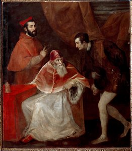 Paus Paulus III en zijn kleinzonen (Alessandro en Ottavio Farnese) door Tiziano Vecelli