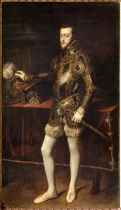 Portret van Filips II (1527-1598) op 24-jarige leeftijd, zoon van Karel V. Schilderij door Tiziano Vecellio genaamd De Titiaan (1485-1576) door Tiziano Vecelli
