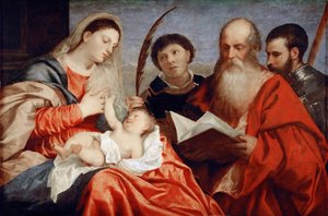 De Maagd en Kind met Heiligen Stefanus, Hiëronymus en Mauritius door Titian (c.1488 1576)