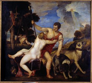 Venus en Adonis door Tiziano Vecelli