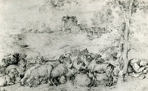 Landschap met kudde schapen door Tiziano Vecelli