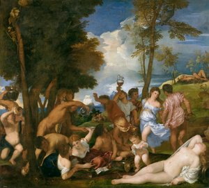 Spaans:  La bacanal de los andrios Het bacchanaal van de Andriërs door Titian