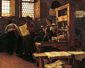 Drukker Bernardo Cennini in zijn werkplaats