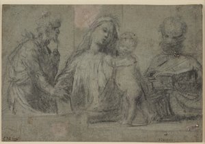 Halflengte Figuren van een Madonna en Kind Geflankeerd door St. Johannes de Doper en Petrus door Tizian