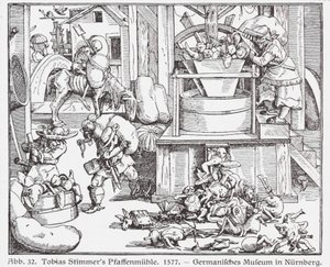 Katholieke priesters door een molen gehaald door Tobias Stimmer