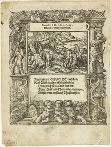 Mozes en de brandende braamstruik (recto) en De baby Mozes in de rivier gelegd (verso) uit Neue künstliche Figuren biblischer Historien, plaat 55 uit Houtsneden uit boeken van de XVI eeuw door Tobias Stimmer