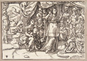 Veturia en Volumnia smeken Coriolanus om Rome te sparen door Tobias Stimmer