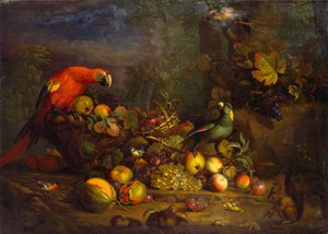 Papegaaien en fruit met andere vogels en een eekhoorn door Tobias Stranover