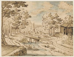 Landschap met brug door Tobias Verhaecht (circle of)