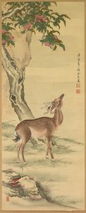 Symbolen van lang leven: Herten onder perzik en den, 1801 door Toda Tadanaka