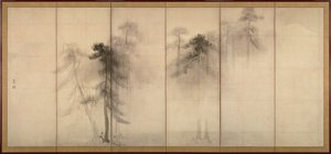 Pijnbomen Links van een paar zesdelige vouwschermen, 16e eeuw door Hasegawa Tohaku