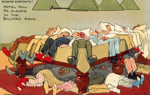 Hotel vol, pa slaapt in de biljartkamer (chromolitho)