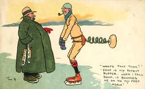 Man met een apparaat om hem weer op zijn voeten te krijgen als hij valt tijdens het schaatsen