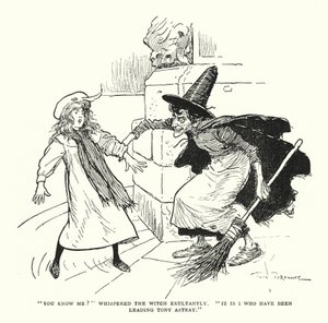 "Ken je me?" fluisterde de heks triomfantelijk, "Ik ben het die Tony op een dwaalspoor heeft gebracht" (litho) door Tom Browne