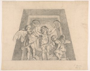 Drie Putti met Tamboerijnen en Trompetten, Ontwerp voor Lunet van de Sala delle Muse, Museo Pio-Clementino, Vaticaan door Tommaso Maria Conca