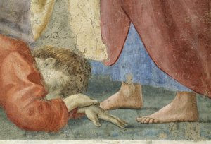 St. Peter verdeelt de gemeenschappelijke goederen van de kerk, en de dood van Ananias, detail van Ananias, dood aan de voeten van St. Peter