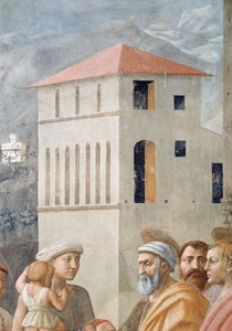 St. Peter verdeelt de gemeenschappelijke goederen van de kerk, en de dood van Ananias, detail van de achtergrondarchitectuur