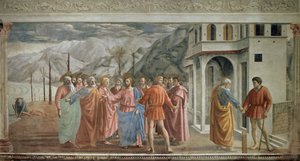 Tribuutgeld - Le paiment du tribut (Il tributo) - Fresco door Tommaso di ser Giovanni di Mone Cassai genaamd Masaccio (1401-1428), 254,5x598,3 cm door Tommaso Masaccio