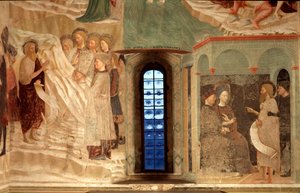 Episode uit het leven van Johannes de Doper: de prediking van Johannes de Doper in de woestijn en Johannes de Doper tegenover Herodes door Tommaso Masolino da Panicale