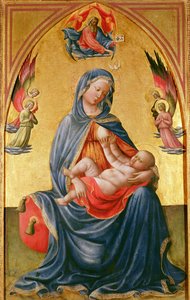 Maagd en Kind met God de Vader, Heilige Geest en engelen door Tommaso Masolino da Panicale