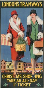 Kerstinkopen, neem een dagkaart, London County Council LCC Tramways poster, 1926 door Tony Castle