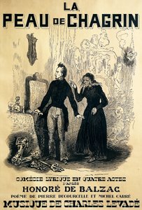 Poster voor Le peau de chagrin, komische opera, libretto door Pierre Decourcelle en Michel Carre, muziek door Charles Levade, naar roman van Honore De Balzac, tekening door Tony Johannot door Tony Johannot