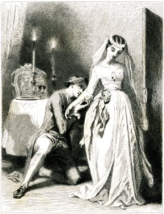 Zuchtende minnaar knielt aan de voeten van zijn mooie verloving in een interieur bij kaarslicht - meisje in romantische jurk en kapsel - gravure (ets 1845) door Tony Johannot (Antoine Johannot dit door Tony Johannot