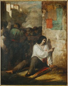 De barricade van 1848, ook wel De gewonde revolutionair ... (schilderij op doek) door Tony Johannot