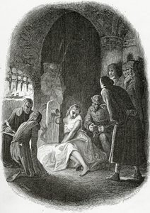 De ondervraging van Esmeralda - illustratie uit Notre Dame de Paris, 19e eeuw door Tony Johannot