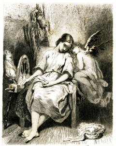 Jonge vrouw (spinner) slapend bij haar wiel - een engel leunt over haar schouder - slaap - droom - mijmering - liefde - gravure (ets 1845) door Tony Johannot (Antoine Johannot genoemd)