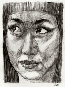 Tekening van een peinzende Aziatische vrouw door Tore Bahnson