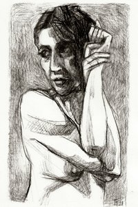 Tekening van een peinzende vrouw door Tore Bahnson