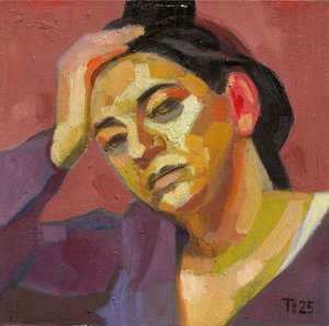 Portret van een peinzende vrouw
