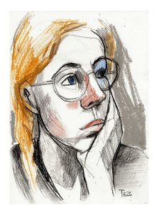 Peinzende vrouw met bril