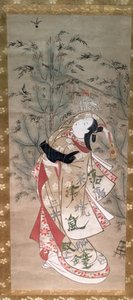 Meisje dat battledore en shuttle speelt door Torii Kiyomasu II