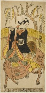 De acteur Sanogawa Ichimatsu I als Kumenosuke in het stuk "Na no Hana Akebono Soga," uitgevoerd in het Nakamura Theater in de tweede maand, 1741 door Torii Kiyomasu II