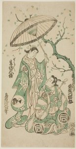 De acteurs Sanogawa Ichimatsu I als Soga no Goro en Ikushima Daikichi II als Kewaizaka no Shosho in het stuk "Monzukushi Nagoya Soga," opgevoerd in het Ichimura Theater in de eerste maand, 1748