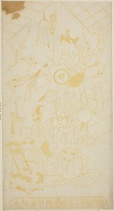 De acteurs Tamazawa Saijiro I als de page Umezaburo en Segawa Kikunojo I als Oroku in het stuk "Sazareishi Suehiro Genji," opgevoerd in het Nakamura Theater in de eerste maand, 1744 door Torii Kiyomasu II
