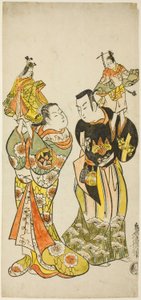 De acteurs Yamashita Kinsaku I en Hayakawa Hatsuse als poppenspelers in het stuk "Dagboek van een reis over zee naar Izu" ("Funadama Izu Nikki"), uitgevoerd in het Nakamura Theater in de eerste maand, 1725