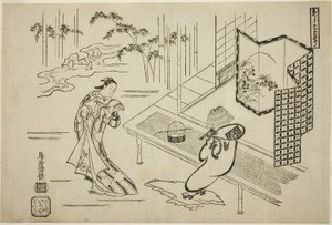 De acteurs Nakamura Takesaburo I als Kewaizaka no Shosho en Ichikawa Danjuro II als Soga no Goro verkleed als een komuso in het stuk "Bando Ichi Kotobuki Soga," uitgevoerd in het Nakamura Theater in de eerste maand, 1715