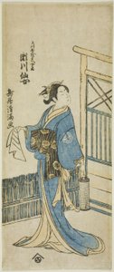 De acteur Segawa Senjo (Kikunojo III) als de vrouw van Amakawaya Gihei in het toneelstuk "Kanadehon Chushingura," opgevoerd in het Nakamura Theater in de vijfde maand, 1776.