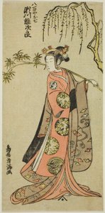 De acteur Segawa Yujiro I als Oshichi in het toneelstuk "Edo no Haru Meisho Soga," opgevoerd in het Ichimura Theater in de derde maand, 1773