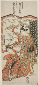 De acteurs Sakakiyama Sangoro als de page boy Kichisaburo en Segawa Kikunojo II als Oshichi in het toneelstuk "Hatsugai Wada no Sakamori," opgevoerd in het Nakamura Theater in de eerste maand, 1759.