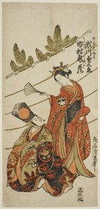 De acteurs Segawa Kikunojo II als Miwa en Ichimura Kamezo I als Hikoso in het toneelstuk "Ume Momiji Date no Okido," opgevoerd in het Ichimura Theater in de elfde maand, 1760