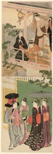 Een Waaierverkoper die Onder een Balkon Voorbijgaat door Torii Kiyonaga
