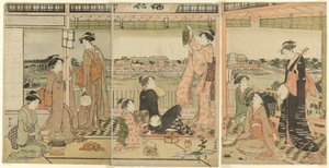 Een feest dat de maan over de Sumida-rivier bekijkt door Torii Kiyonaga