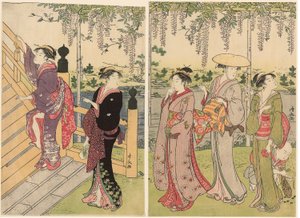 Bewondering van de blauwe regen bij het Kameido-heiligdom door Torii Kiyonaga